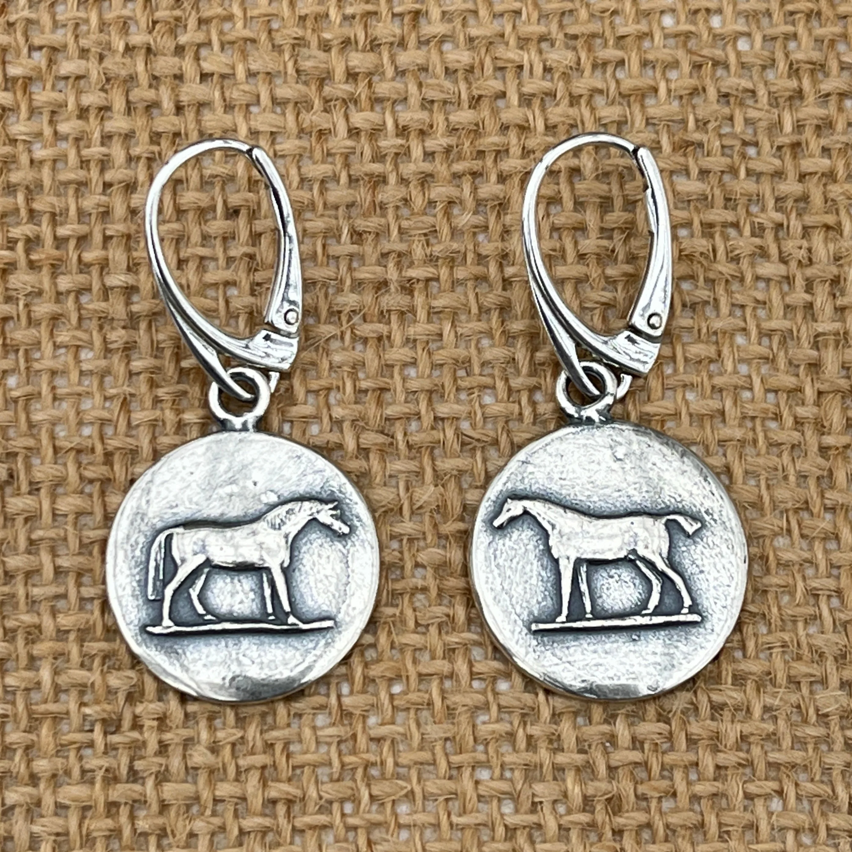 Sterling Silver Stubbs Asymmetrical Horse Earrings - Leverback Ear Wire - Image 2